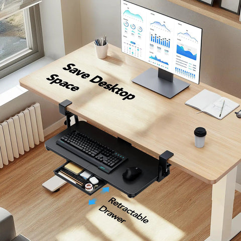 Space-Saving Large Under Desk Keyboard Tray With Sturdy C Clamp Mount, black tray under wooden desk with retractable drawer.