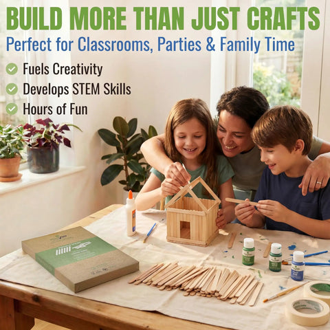 Top Shelf Bulk 300 Count Natural Wood Craft Sticks Measuring 4.5 Inches Long Featuring A Splinter Free Finish For Hassle Free Weekend Builds Ready To Go, kids building a wooden house.