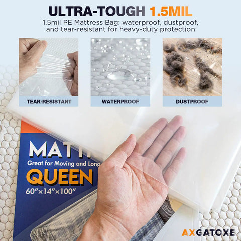 Waterproof Queen Size Mattress Bag for Moving and Storage, 1.5 Mil Tear-Resistant Mattress Protector, Dustproof Protective Cover