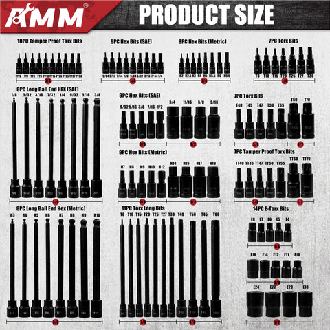 Assorted sizes of bits from Beefy 107 Piece Socket Set With 1/4, 3/8 And 1/2 Inch Drives, detailed view.