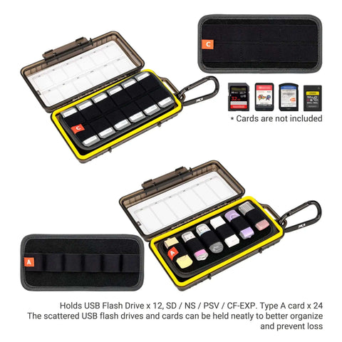 Badass Hard Shell Tech Case For Holding Twelve USB Drives And Twenty Four Memory Cards With Zero Hassle, featuring organized slots and rugged design.