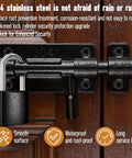 Heavy Duty 2 Piece Black 4 Inch Slide Bolt Gate Latch Kit With Smooth Operation Crafted From Hardcore 304 Stainless Steel for outdoor use.