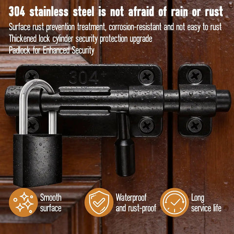 Heavy Duty 2 Piece Black 4 Inch Slide Bolt Gate Latch Kit With Smooth Operation Crafted From Hardcore 304 Stainless Steel for outdoor use.