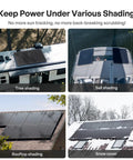ShadowFlux 200W Anti Shading Solar Panel for 12V 24V Systems on RV boat and roof in various shading conditions