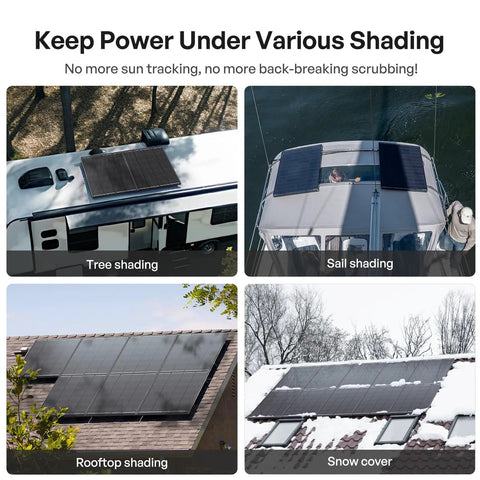 ShadowFlux 200W Anti Shading Solar Panel for 12V 24V Systems on RV boat and roof in various shading conditions