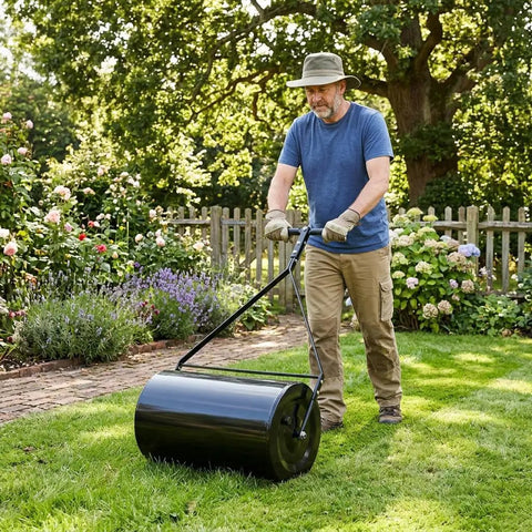 Man using Lawn Roller With Push And Tow Versatility, 14 By 24 Inch Roller, 16 Gallon Capacity, on lawn beside garden.