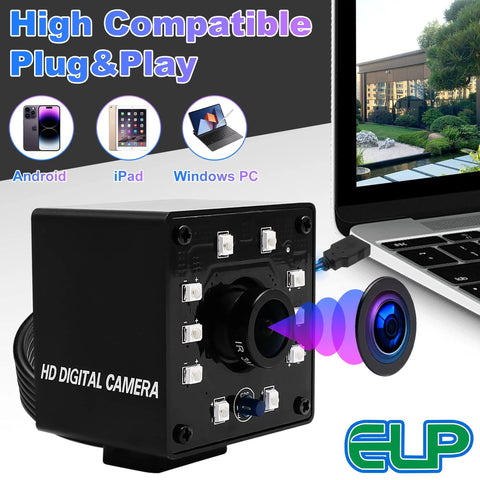 2MP Night Vision USB Webcam 1080P Full HD Video with IR Cut and 10 LED Light Board next to laptop, compatible with Windows, Mac, and Android.