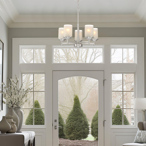 Modern Farmhouse 19 Inch 5 Light Chandelier In Brushed Nickel Finish With Frosted White Linen Glass Shades Contemporary Ceiling Fixture For Dining Room Or Entryway in a bright entryway