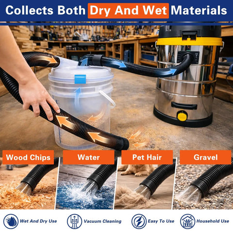High Efficiency Cyclone Dust Separator for 5 Gallon Buckets with Wet and Dry Debris Pickup connected to vacuum in workshop