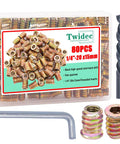 DIY Ready Wood Threaded Inserts Kit With M6 Wrench Eighty Pieces One Quarter Twenty Threaded Inserts For Furniture Repair And Woodworking Projects Screw In Nuts For Strong Long Lasting Joints Twidec with inserts, M6 wrench, and drill bit.
