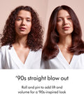 Airstrait Wet To Dry Hair Straightener with no heat damage, showing before and after on curly hair to straight '90s blowout.