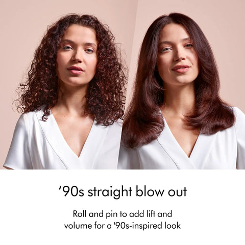 Airstrait Wet To Dry Hair Straightener with no heat damage, showing before and after on curly hair to straight '90s blowout.
