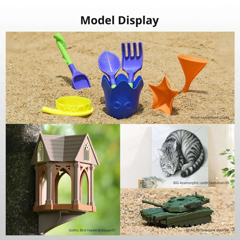 Model display showing various 3D printed items using Black PETG 3D Printer Filament 1.75mm 1 Kg Reusable Spool No Fuss High Dimensional Accuracy 0.02mm And Serious Toughness For Long Lasting Prints Compatible With Most FDM Printers.