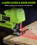 Top Shelf Badass 20V Cordless Jigsaw Kit Packed With Ten Durable Steel Blades And Smart Laser Edge Guide positioned on plywood.