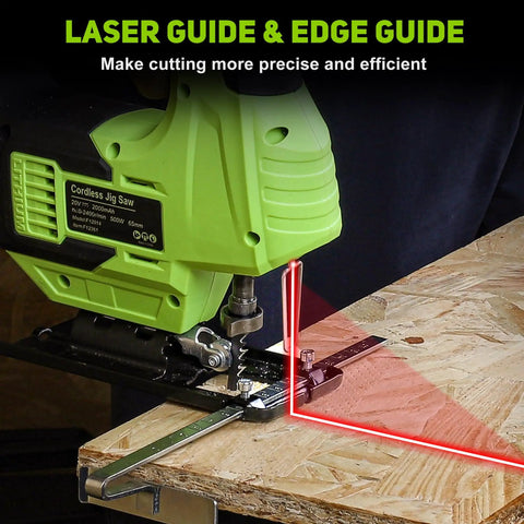 Top Shelf Badass 20V Cordless Jigsaw Kit Packed With Ten Durable Steel Blades And Smart Laser Edge Guide positioned on plywood.