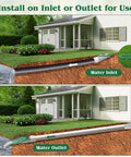 Image showing installation of 4 Inch Green Angled Drainage Grate For Yard Drainage Systems That Fast Tracks Surface Water And Prevents Ponding, Yard Drain Emitter For Gutter Downspout Extensions, Lawn Slope Pipe Emitter For Ditch. House with lawn and drainage system illustration with water inlet and outlet.