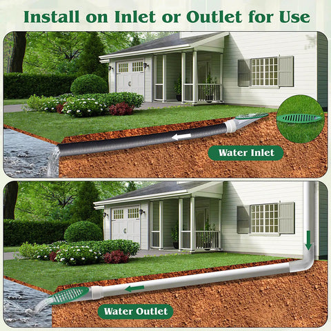 Image showing installation of 4 Inch Green Angled Drainage Grate For Yard Drainage Systems That Fast Tracks Surface Water And Prevents Ponding, Yard Drain Emitter For Gutter Downspout Extensions, Lawn Slope Pipe Emitter For Ditch. House with lawn and drainage system illustration with water inlet and outlet.