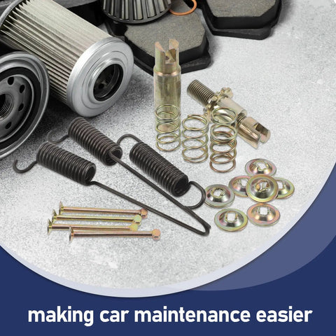 Heavy Duty Brake Adjustment Tool Kit With Metal Hold Down Springs And Pins For Drum Brakes In Construction Machinery, Beefed Up Friction Stability, Quick Spring Tool For Fast Stops, And Easier Loader Disc Brake Access, springs and pins laid out