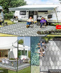 9x18 Reversible Outdoor Camping Rug Weatherproof Patio Mat For RV Beach Backyard Deck And Picnic Two Gray And White Patterns Flip For A Fresh Look In An Instant used for RV campsite, patio and poolside areas.