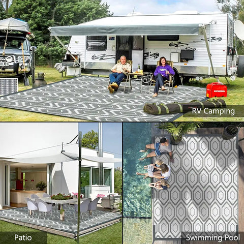 9x18 Reversible Outdoor Camping Rug Weatherproof Patio Mat For RV Beach Backyard Deck And Picnic Two Gray And White Patterns Flip For A Fresh Look In An Instant used for RV campsite, patio and poolside areas.