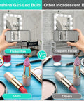 Comparison of Winshine G25 Globe LED Vanity Bulbs and incandescent bulbs with lipsticks, showing flicker-free and frequent flicker effects.