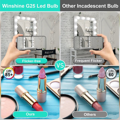 Comparison of Winshine G25 Globe LED Vanity Bulbs and incandescent bulbs with lipsticks, showing flicker-free and frequent flicker effects.
