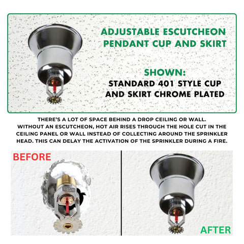 Slick Retrofit Fire Sprinkler Escutcheon Pendant Cup Trim In Crisp White Finish with adjustable cup and skirt design.