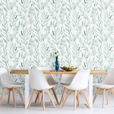 Dining room with Green Leaf Floral Peel and Stick Wallpaper Self Adhesive Wall Covering 17.7 x 394 Inches Watercolor Leaves