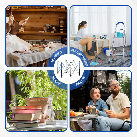 Collage depicting diverse uses of Six-Leg Portable Folding Workstand, Heavy Duty Foldable Workbench Built to Haul Up to 2425 Lbs