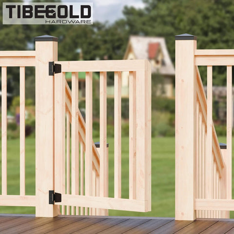 Heavy Duty Gate Hinges Black Iron T Strap Hinges for Barn Doors and Fences 2 Pack installed on wooden gate