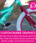 Barbie 16 Inch Girls Bike For Kids Aged Five To Seven With Fun Stylish Design Sturdy Durable Frame And Easy Assembly perfect for beginners.
