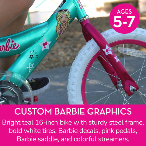Barbie 16 Inch Girls Bike For Kids Aged Five To Seven With Fun Stylish Design Sturdy Durable Frame And Easy Assembly perfect for beginners.