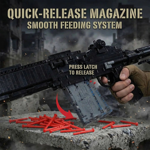 Close-up of One To One Scale MK14 Style Gun Block Set with quick-release magazine demonstrating mechanical detail