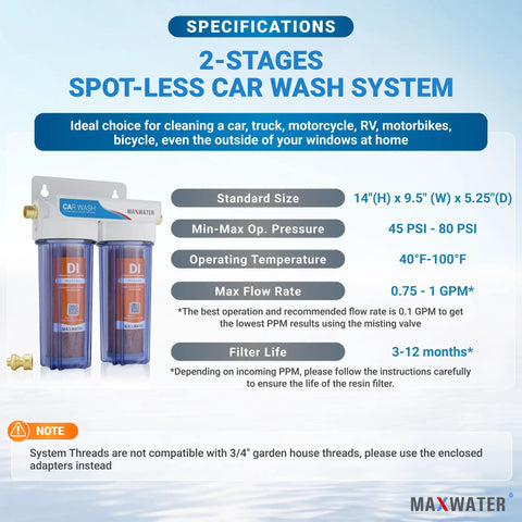 Heavy Duty Two Stage Deionized Water Rinse System with specifications for effective car washing and filtering hard water minerals.