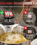Digital Candy Thermometer With Pot Clip And Rotatable Display Long Probe For Candy Making And Deep Frying Cooking And Liquids Like Sugar Water Oils Candies And More Black used in boiling pot to show temperature.