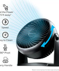 TurboForce Air Circulator Table Fan With 3 Speeds And 90 Degree Pivot, shown on desk with airflow lines and adjustment features.