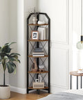 Space Saving Five Tier Corner Shelf With Industrial Edge Tall 59.4 Inch Plant Display Stand And Bookcase In Rustic Brown And Black Finish positioned in a living room corner.