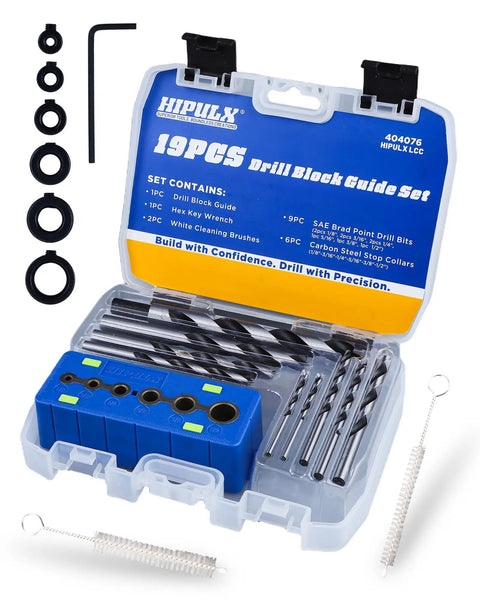 Drill Block Guide Set For Straight Holes With 9 Brad Point Bits And 6 Depth Collars in case, includes tools and brushes