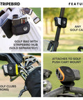 Super Slim 2.0 Golf Rangefinder Magnetic Strap In Black Form Fitting Buckle Free Design With Crazy Strong Magnet Hold shown on golf gear.