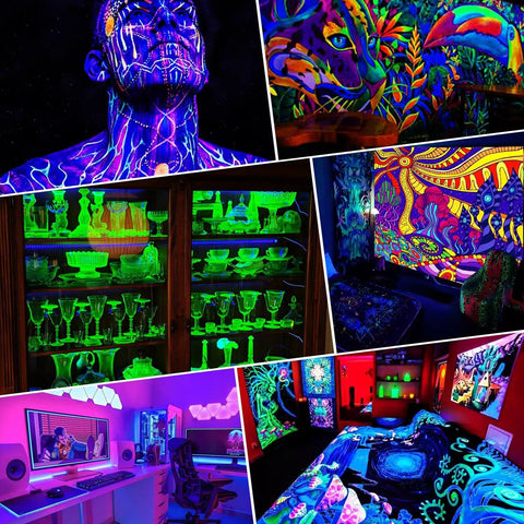 Collage of neon glow using 100W LED Black Light Bar For Neon Glow Parties And Fluorescent Art, IP66 Waterproof With 6ft Cord And Switch.