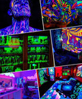 Collage of neon glow decorations with 100W LED Black Light Bar With IP66 Waterproof Build And 6ft Cord Switch Party Ready For Neon Glow Fluorescent Posters Body Paint Birthdays Bedrooms Classrooms Halloween Or Christmas