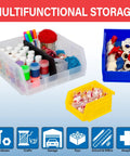 Grab And Go Space Saving Stackable Storage Bins 11 By 11 By 5 Inch Black Six Pack For Garage Pantry Craft Room Organization Holds Up To 50 Pounds Durable Plastic Bins Great For Snacks Tools Toys And More, displayed with various items like craft supplies and hardware inside.
