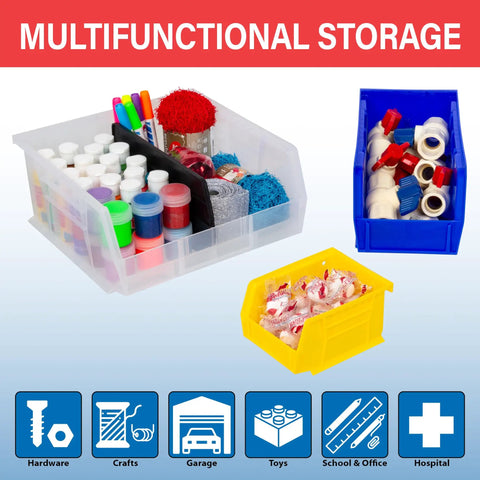 Multi-colored stackable plastic storage bins holding various craft and hardware items, showcasing Stackable Plastic Storage Bins Three Pack For Garage Pantry And Craft Room Organization Built To Take A Beating Holds Up To 75 Pounds Each Space Saving Yellow Bins Measuring 18 By 16 By 11 Inches.