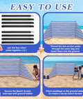 Assembly guide for 15 By 5 Ft Beach Windscreen Set With Blue White Stripes, Wind Blocker And Privacy Screen, on a sandy beach.