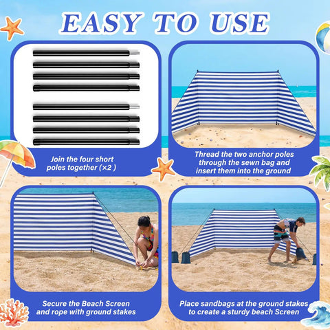Assembly guide for 15 By 5 Ft Beach Windscreen Set With Blue White Stripes, Wind Blocker And Privacy Screen, on a sandy beach.