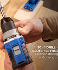 Top Shelf 20 Volt Cordless Compact Power Drill With Kicksome Torque And One Half Inch Keyless Chuck For Tough Diy Chores Variable Speed Switch Plus Dual Range Gearbox And Bright LED Work Lamp Badass Bare Tool Setup showing 20 + 1 clutch settings for precision drilling.
