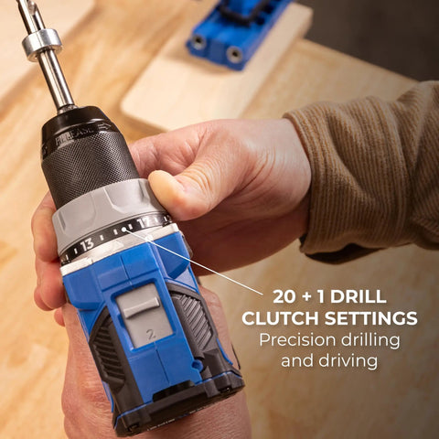 Top Shelf 20 Volt Cordless Compact Power Drill With Kicksome Torque And One Half Inch Keyless Chuck For Tough Diy Chores Variable Speed Switch Plus Dual Range Gearbox And Bright LED Work Lamp Badass Bare Tool Setup showing 20 + 1 clutch settings for precision drilling.