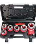 Open case displaying Pro Grade Ratchet Pipe Threader Kit With Six Dies One Quarter Inch Through One And A Quarter Inch Ergonomic Long Handle