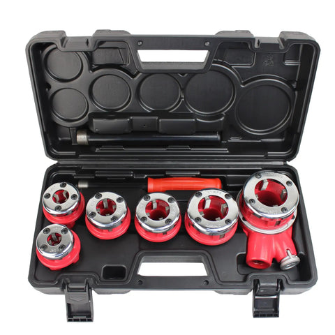 Open case displaying Pro Grade Ratchet Pipe Threader Kit With Six Dies One Quarter Inch Through One And A Quarter Inch Ergonomic Long Handle