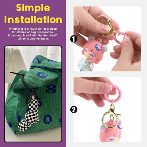 Hands attaching pink O ring to keychain for bag, 32Pcs 8 Colors 25mm 1 Inch Round Spring O Rings Assortment Kit
